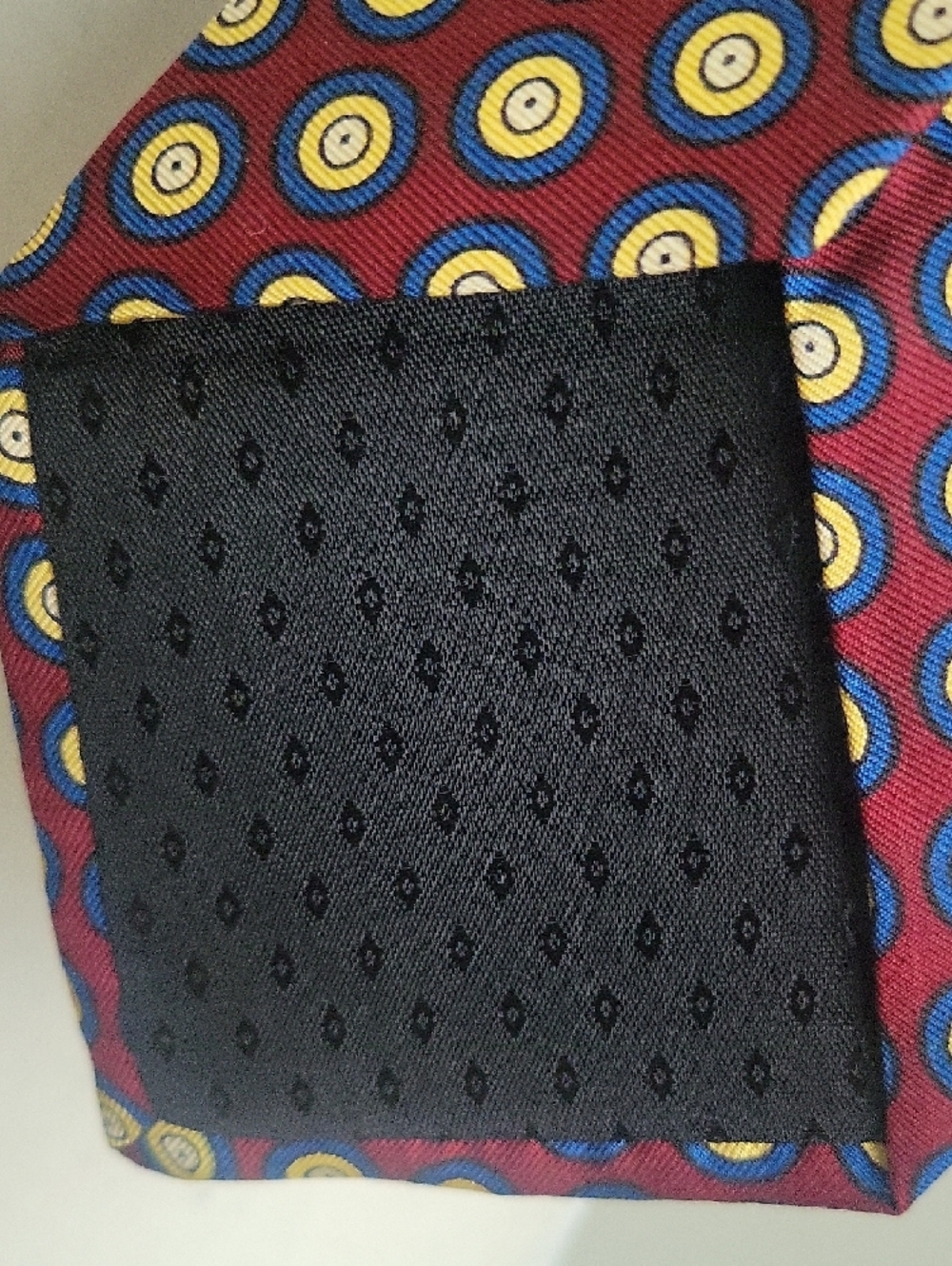 Vintage Cromley & Finch Burgundy Silk Tie with Yellow/Blue Circular Motif